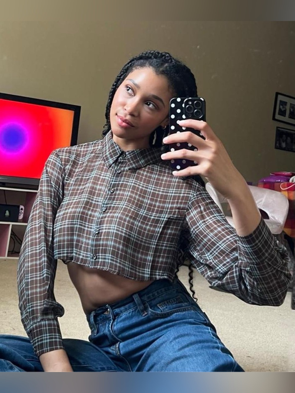 Brown and blue plaid sheer cropped button down long sleeve